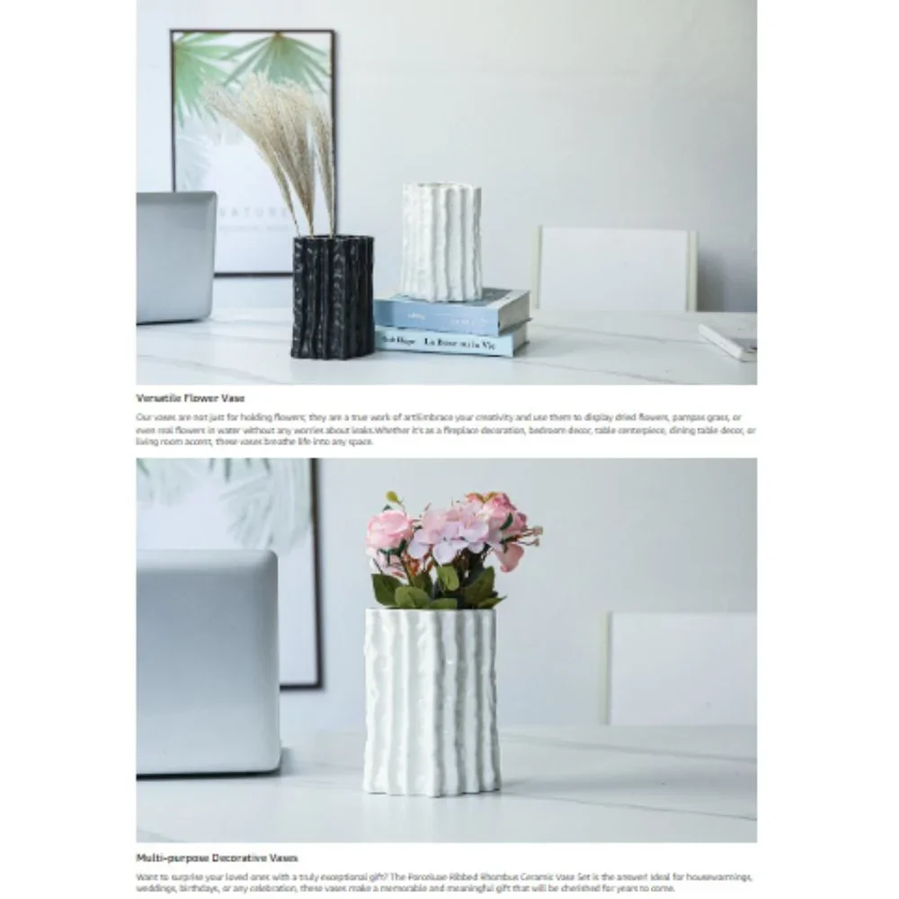 Set of 2 - Lg Black & White - Ribbed Rhombus Ceramic Vases for Flowers & Decor